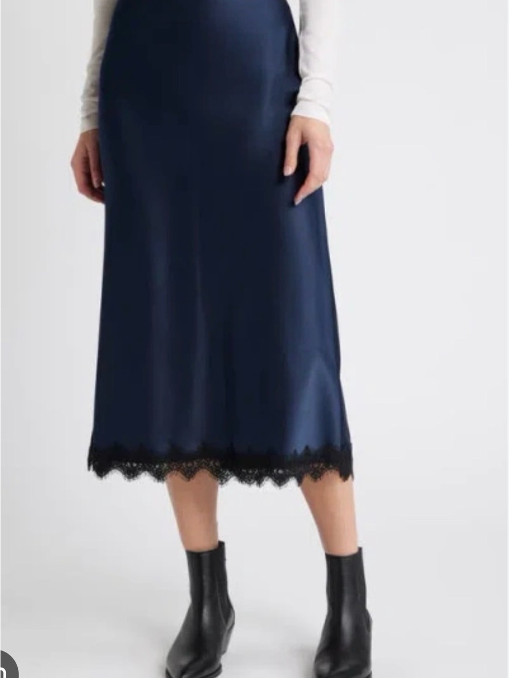Treasure & Bond Navy Satin Midi Skirt with Black Lace Trim